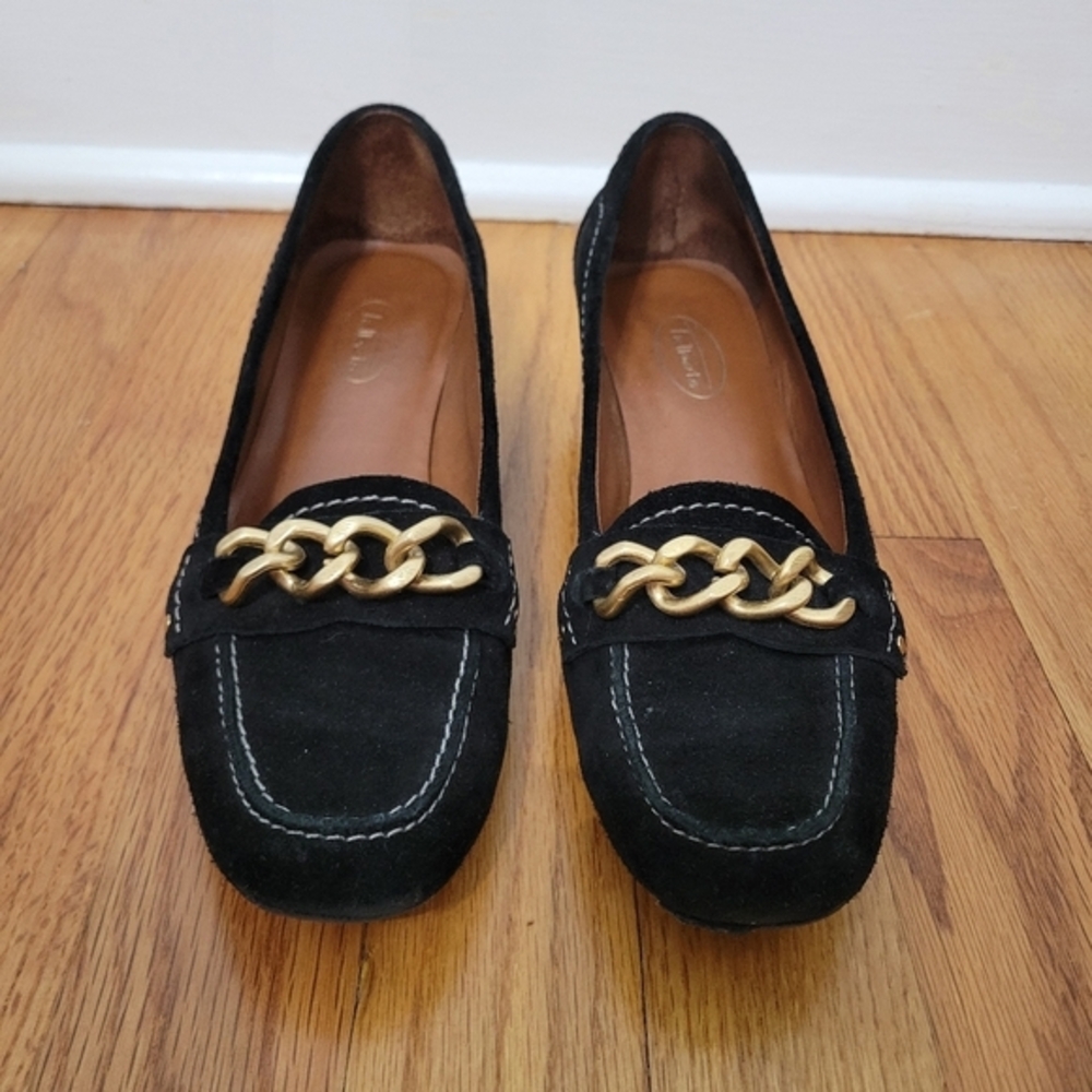 Talbots Piper 2 Women's Suede Heeled Loafers Black Size 7B Gold Chain Stitching‎ - Picture 3 of 11